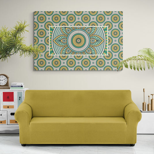 Arte geométrico con patrones de ojos en verde y amarillo sobre fondo de espirales