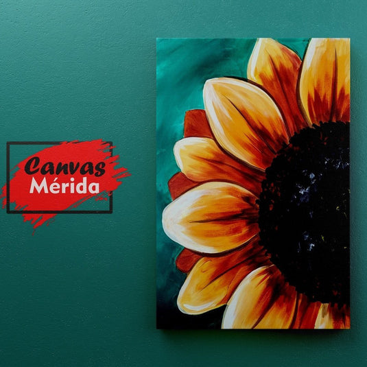 Pintura de un girasol con pétalos dorados y fondo verde oscuro