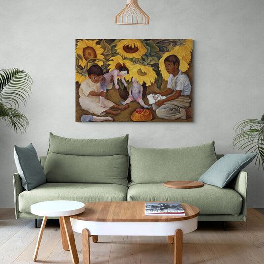 Muralismo mexicano niños girasoles juguetes pintura