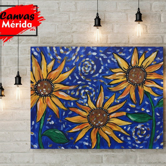 Pintura de girasoles amarillos con fondo azul estilo noche estrellada