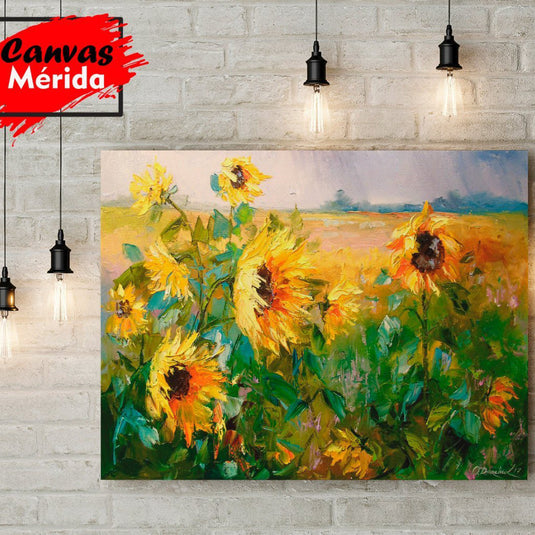 Pintura impresionista de girasoles en un campo con técnica de pinceladas gruesas