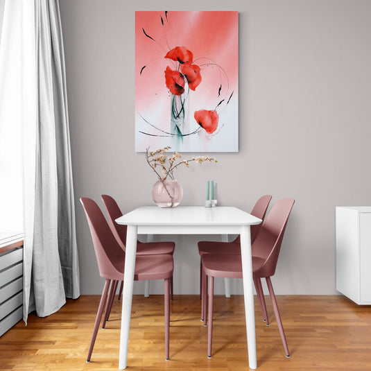 Pintura minimalista de amapolas rojas sobre fondo rosa degradado