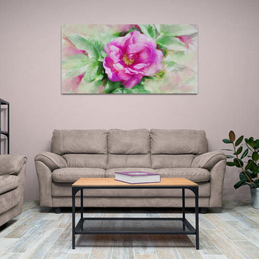 Pintura de una peonía en tonos de rosa con un efecto suave y difuminado