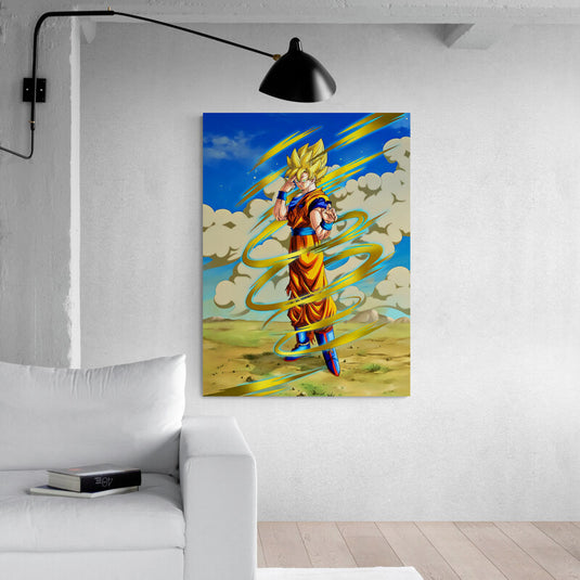 Cuadro decorativo Gokú Super Saiyajin con aura dorada en lienzo – Arte anime Dragon Ball