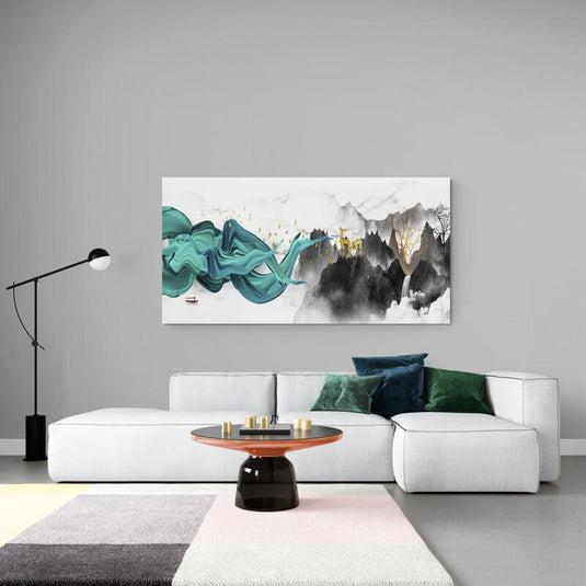Lienzo abstracto de montañas y ondas turquesas