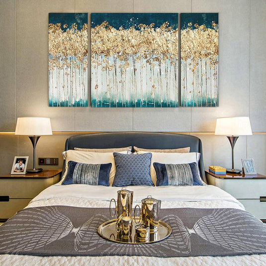 Tríptico decorativo bosque abstracto dorado y azul para recámara moderna – Canvas Mérida