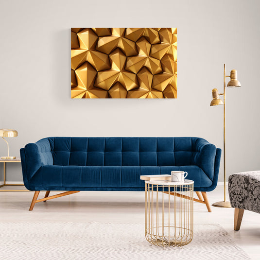 Patrón geométrico tridimensional en tonos dorados que simula una estructura arquitectónica moderna