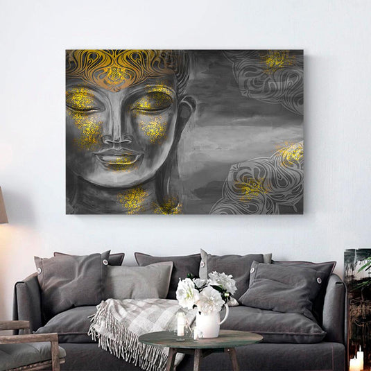 Retrato de Buda en tonos grises con detalles dorados, arte moderno y espiritual.