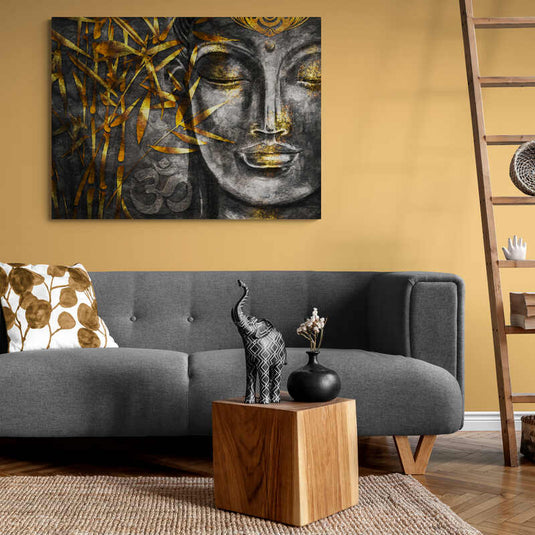 Rostro budista con detalles dorados y bambú, arte espiritual en tonos oscuros.