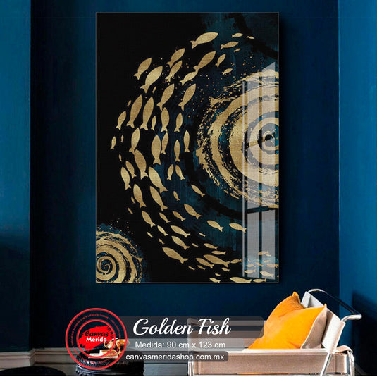 "Cuadro decorativo abstracto con motivos dorados de peces y espirales sobre fondo azul marino oscuro"
