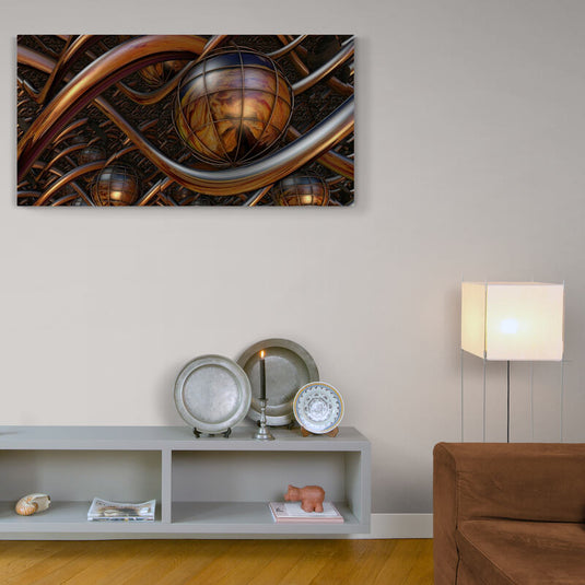 Estructura abstracta de tubos dorados con esferas metálicas suspendidas, en un diseño futurista.