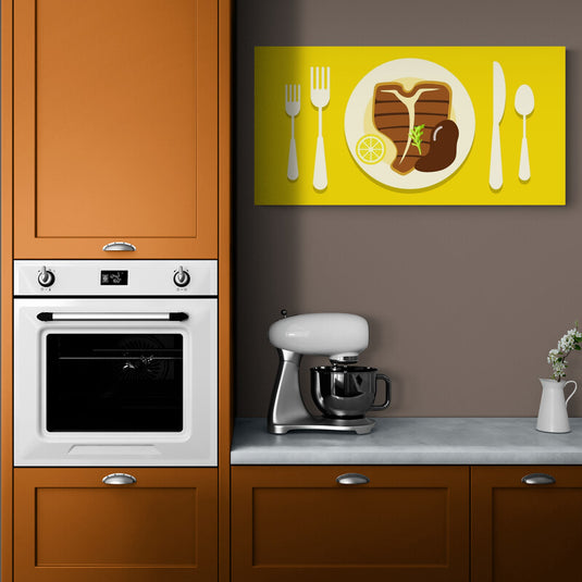 Ilustración de plato de carne con limón y utensilios en fondo amarillo