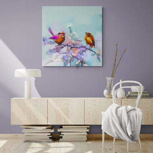 Cuadro decorativo: Ramas abstractas en tonos lilas y pastel sobre fondo turquesa claro, con gorriones en fucsia, naranja, amarillo y cafés