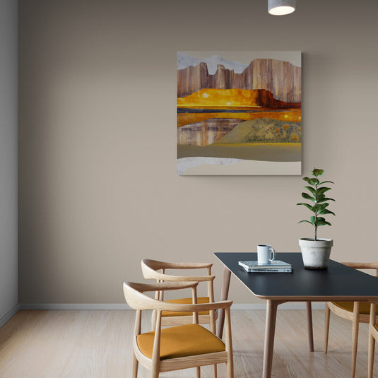 Cuadro decorativo abstracto del Gran Cañón en tonos dorados y marrones, con reflejos de luz y texturas modernas, ideal para decoración contemporánea.