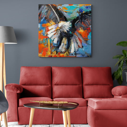 Aguila Monocromática sobre Fondo Abstracto en Tonos Naranja, Azul y Verde