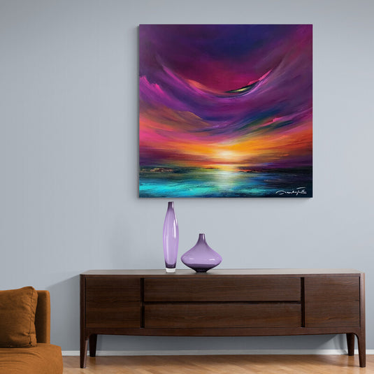 Cuadro moderno con paisaje crepuscular de árboles y mar