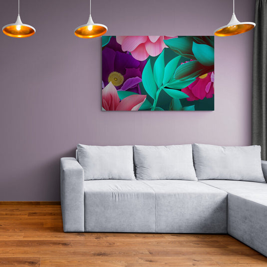 Arte digital de flores rosas y púrpuras con hojas verdes