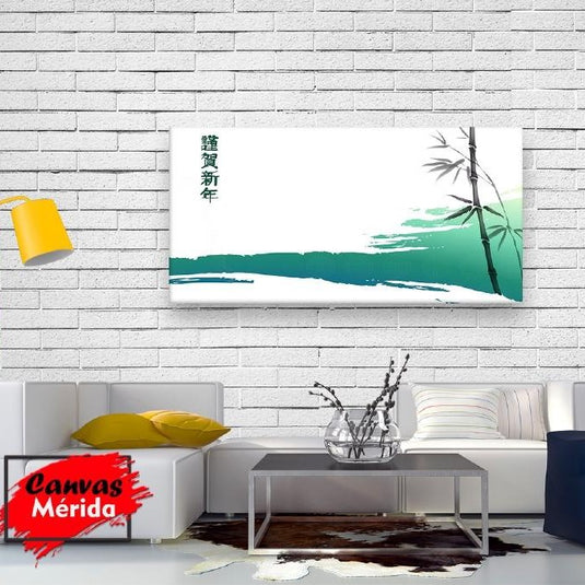 Ilustración de bambú con fondo de acuarela verde y caracteres tradicionales asiáticos