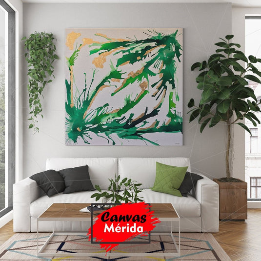 Pintura abstracta con trazos verdes y dorados que simulan la vegetación de primavera