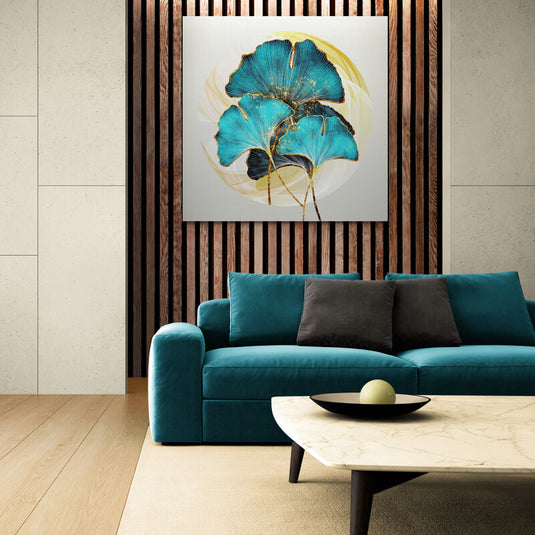 Pintura de hojas de ginkgo en azul turquesa con detalles dorados