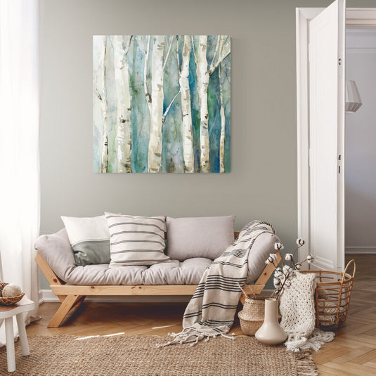 Cuadro decorativo de bosque con árboles de abedul en tonos verdes y azules, ideal para interiores con estilo natural y relajante.