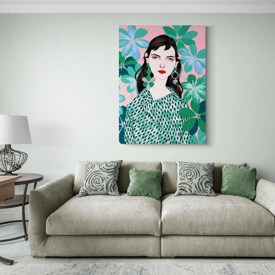 Ilustración de moda de mujer con atuendo verde y fondo floral rosa