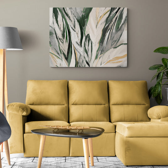 Cuadro decorativo botánico abstracto en tonos beige, blanco y verde oliva, estilo minimalista y natural.