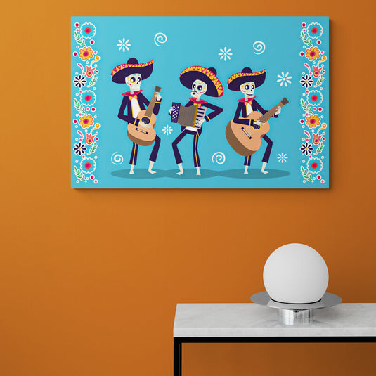 Ilustración de mariachis esqueléticos para el Día de los Muertos