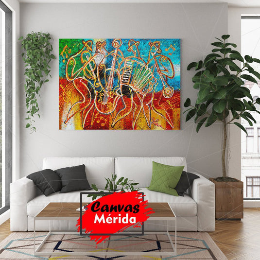 Pintura abstracta colorida de músicos tocando acordeón y otros instrumentos.