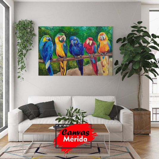 Guacamayas multicolores en rama sobre fondo verde: combinaciones de azul, amarillo y rojo en cuadro decorativo