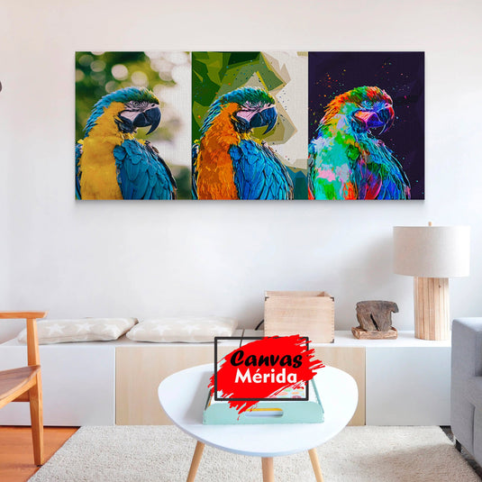 Evolución artística de una guacamaya: Natural, Digital y Pop