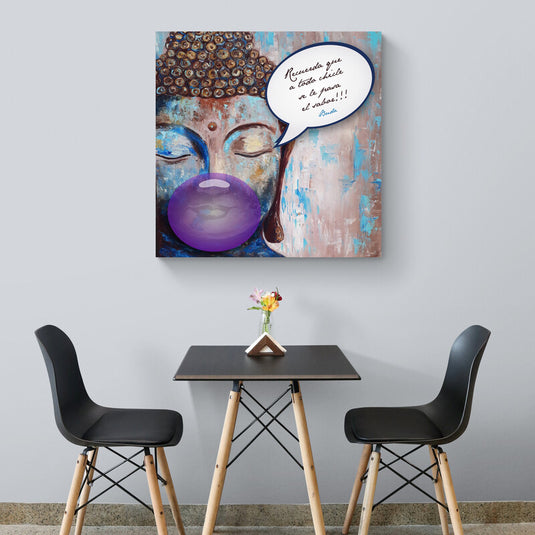 Cuadro moderno de Buda con chicle y frase divertida