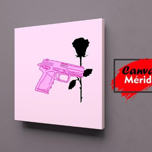 Pistola de color rosa sobre silueta de rosa negra en fondo pastel para arte conceptual y decorativo