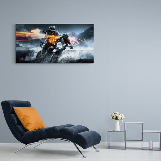 Cuadro gamer de motocicleta futurista con soldados en combate y efectos de luz