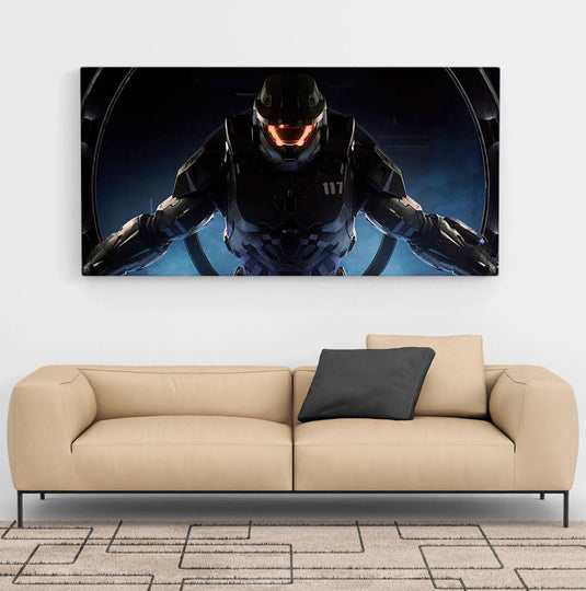 Canvas decorativo de Halo Infinite con Master Chief en arte épico futurista.