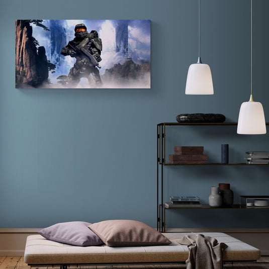 Cuadro decorativo gamer Halo con soldado futurista armado en paisaje montañoso épico