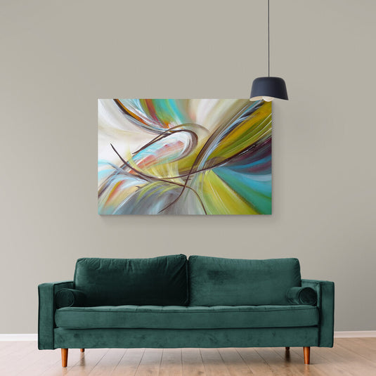 Cuadro abstracto con líneas curvas en tonos verdes, azules y amarillos, arte vibrante y dinámico.