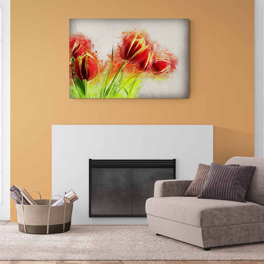 Pintura de tulipanes rojos con fondo abstracto en explosión de color