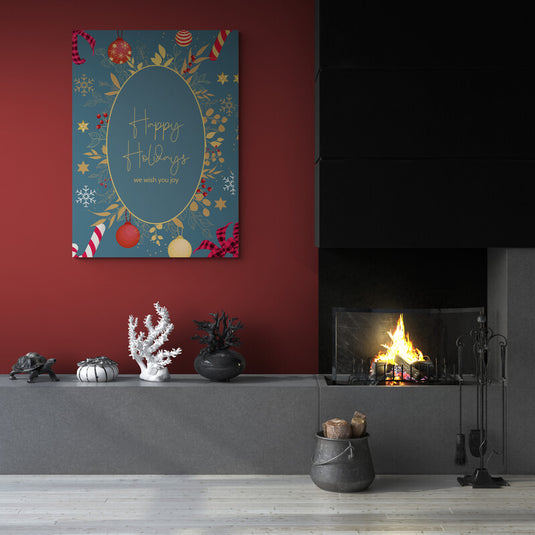 Lienzo festivo con motivos de temporada y saludo 'Happy Holidays' sobre fondo azul oscuro con adornos navideños.