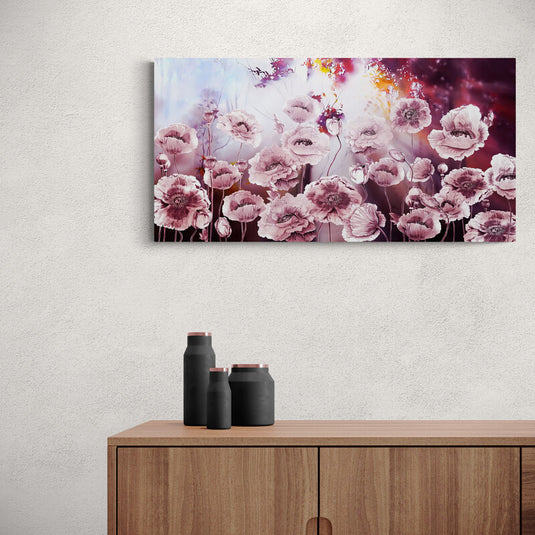 Pintura surrealista de amapolas en tonos grises con fondo rojo dramático