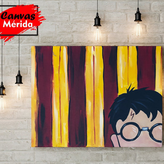 Cuadro minimalista de Harry Potter con fondo rojo y dorado inspirado en Gryffindor – arte decorativo moderno.