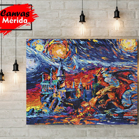 Cuadro castillo de Hogwarts con dragón, estilo Van Gogh, arte fantástico y colorido.
