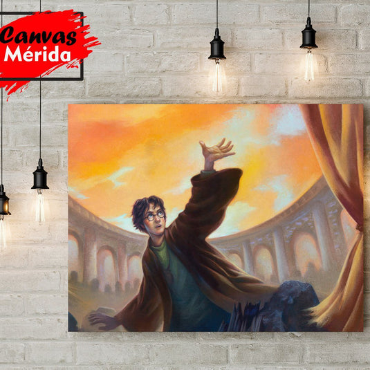 Pintura artística de joven mago en escenario mágico con cielo anaranjado – cuadro decorativo estilo fantástico.