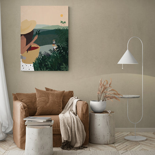 Ilustración de mujer con canasta observando paisaje tropical