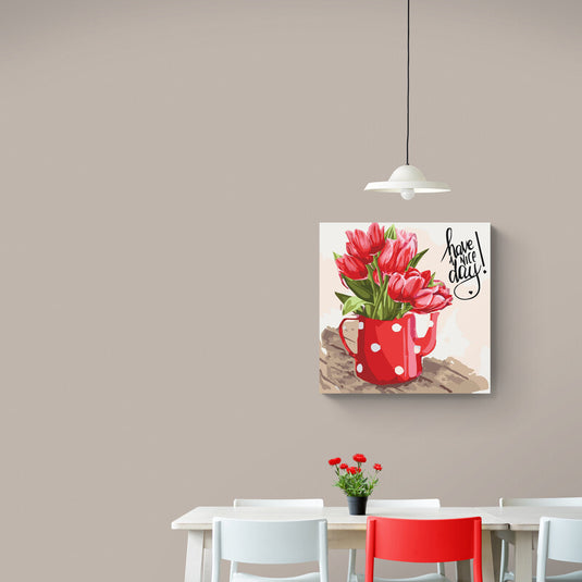 Ilustración de tulipanes rojos en taza de café con mensaje positivo