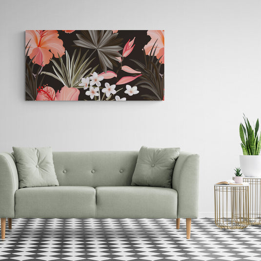 Diseño gráfico de flores tropicales en tonos vibrantes sobre fondo oscuro