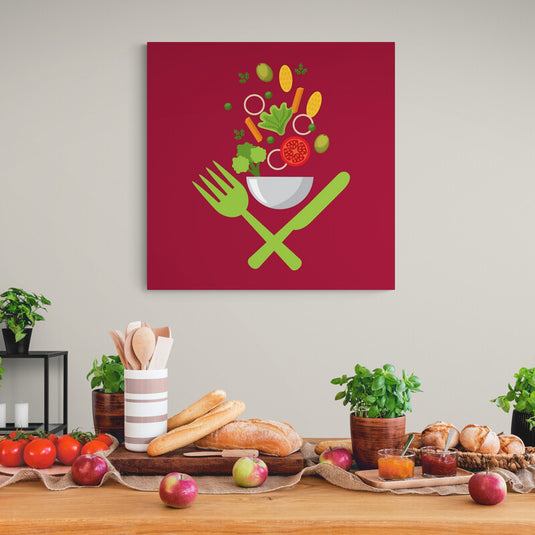 Ilustración de alimentos saludables con utensilios sobre fondo rojo