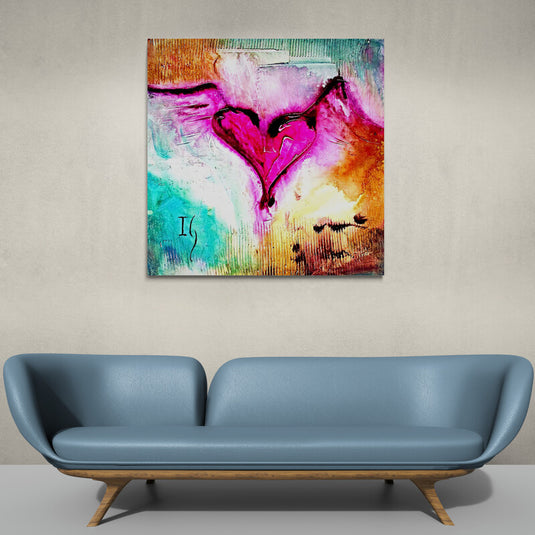 Pintura abstracta de corazón alado en tonos magenta y multicolor