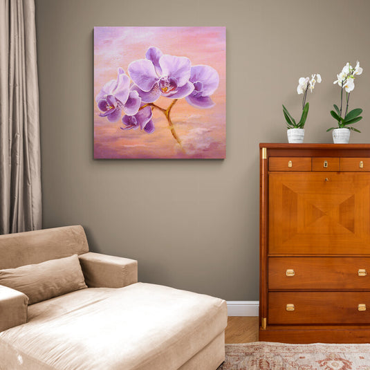 Pintura de orquídeas lila sobre fondo degradado de amanecer a crepúsculo