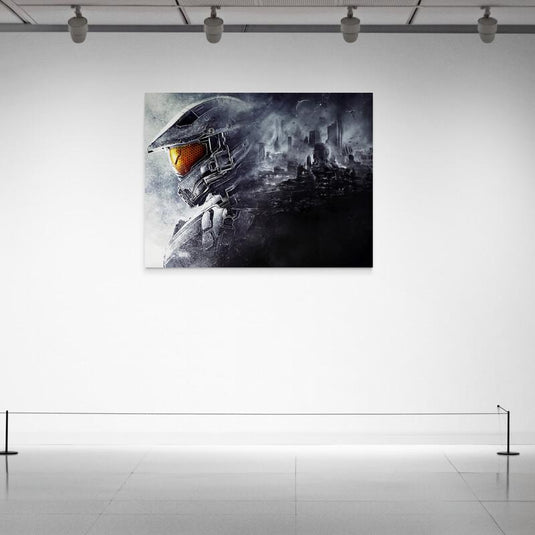 Canvas decorativo Halo Spartan con ciudad futurista en destrucción